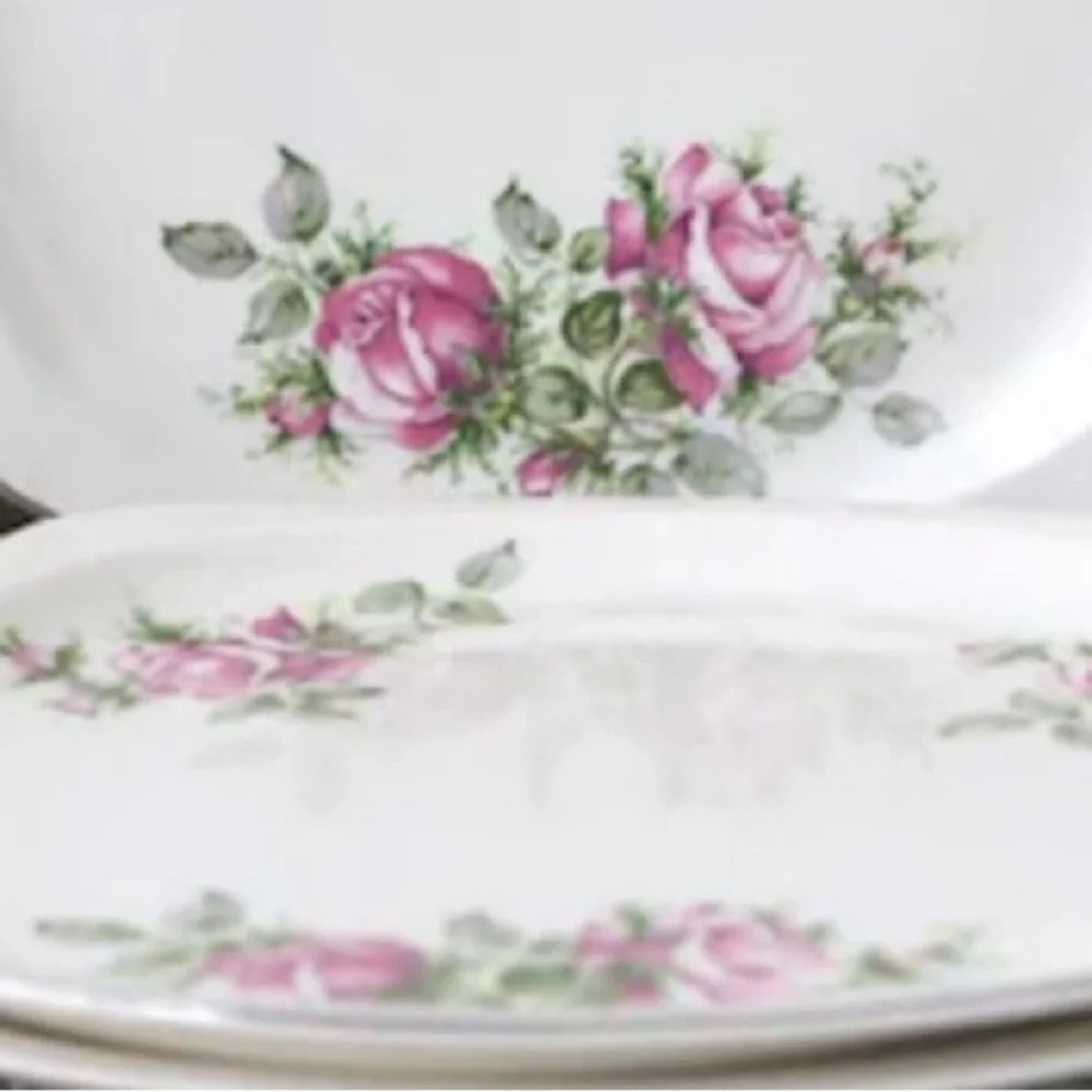 PADEN CITY Pottery Square Salad Plates Mid Century Rose Floral Gold Trim set 3